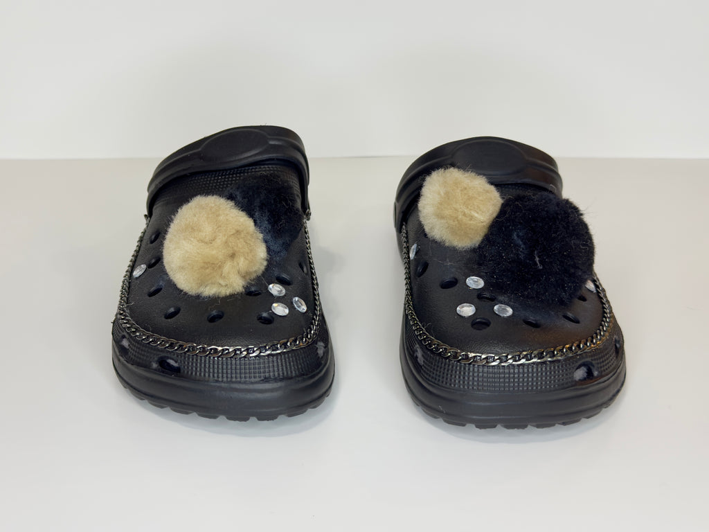 Black Couture Krocs with Black and Beige Pom Poms